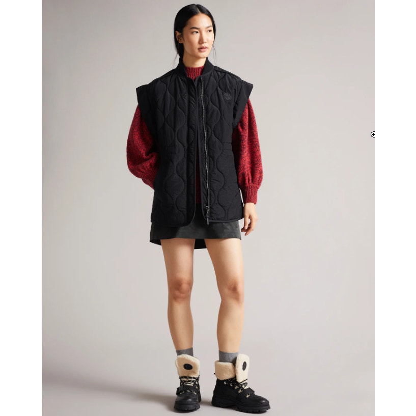 Ted Baker Ariez Long Length Onion Quilted Vest In Black, Size 2